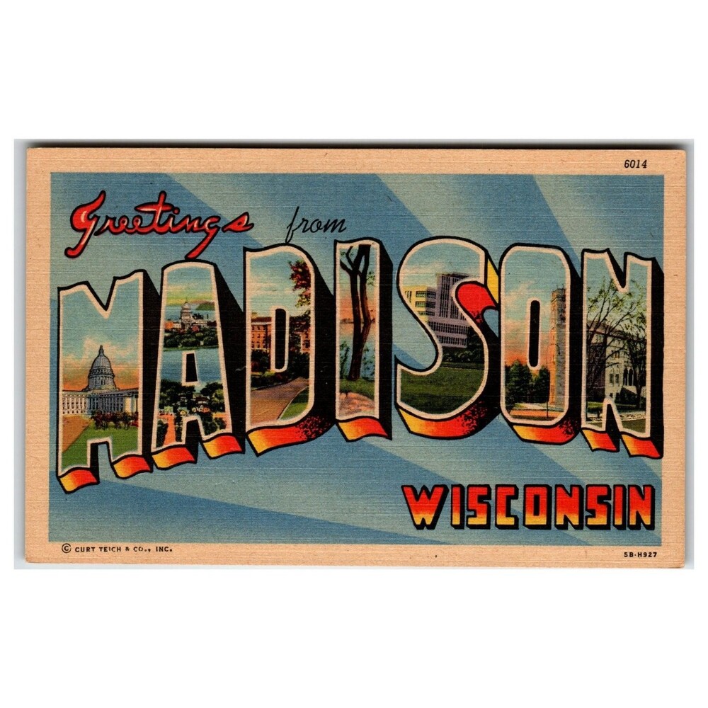 Greetings from Madison Wisconsin Linen Postcard Curt Teich Capitol Lake SB-H927